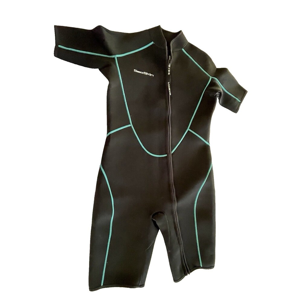 SeaSkin Shorty Wetsuit One-Piece Full Front Zipper Black Turquoise Stitching XXL